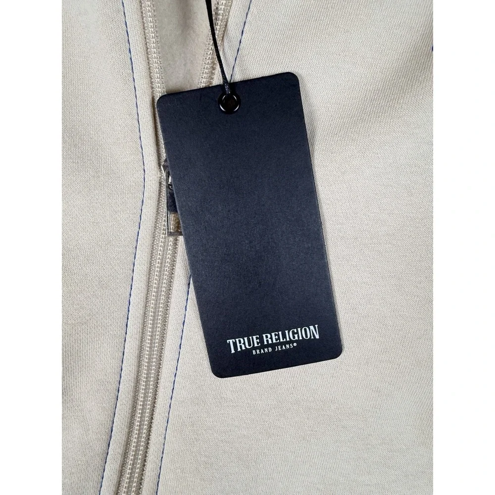 True Religion Men's XL Fog Beige Contrast Full Zip Hoodie Buddha Logo New